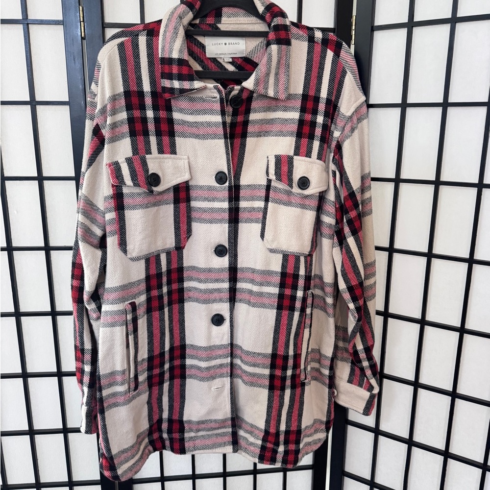 Lucky Brand Beige and Orange Plaid Utility Jacket